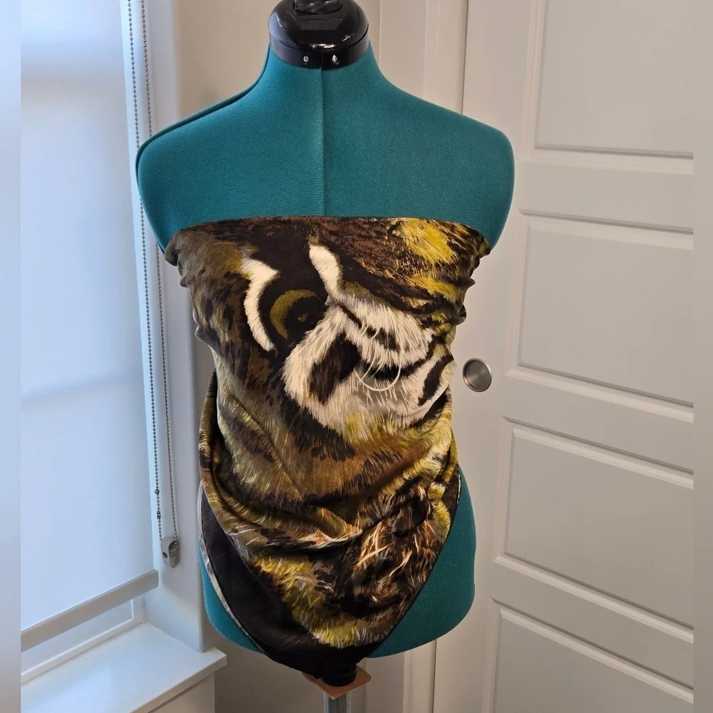 VINTAGE ABERCROMBIE & FITCH LARGE SQUARE SCARF TIGER GRAPHIC TAN BROWN WOMEN OS
